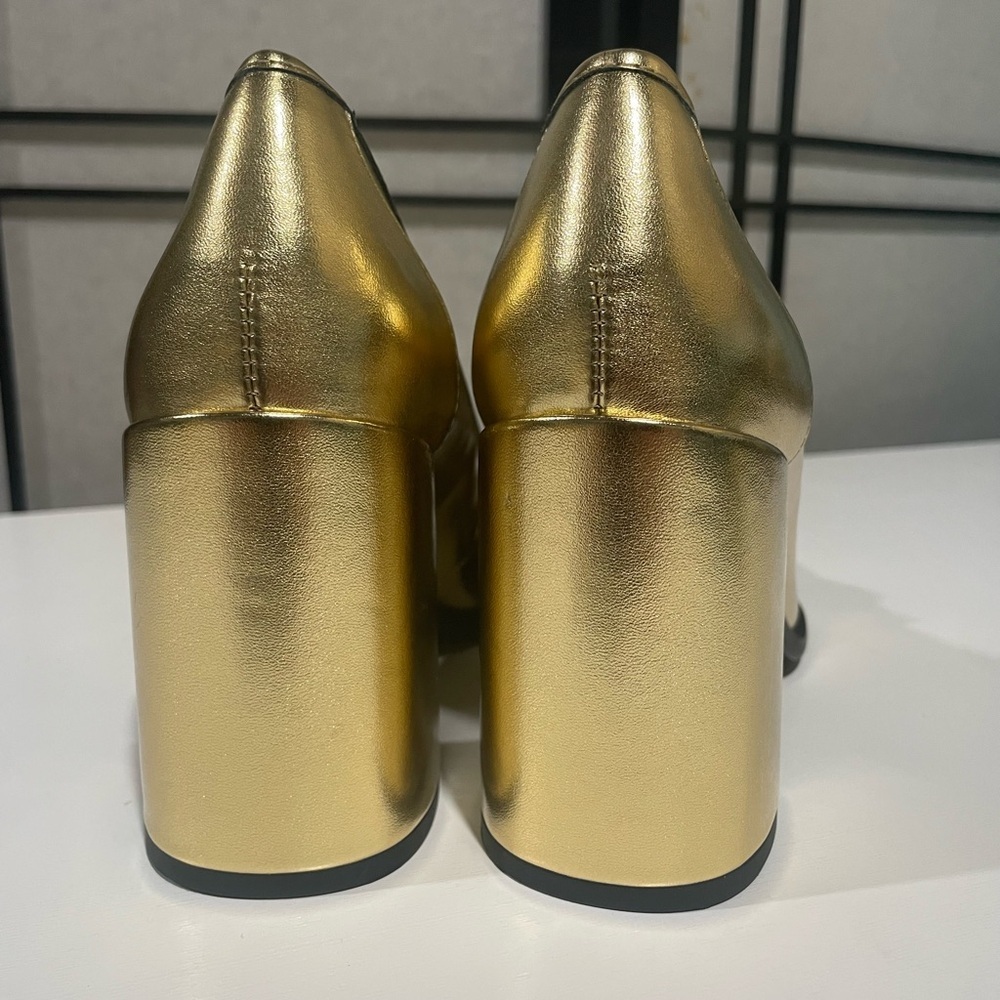 Women's Size 8 Franco Sarto Miri Loafer Gold Block High Heel Pump Shoes - Picture 3 of 12